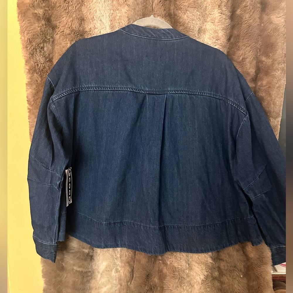 Women's Dark Blue Denim Jacket with Collarless Design - Picture 2 of 4